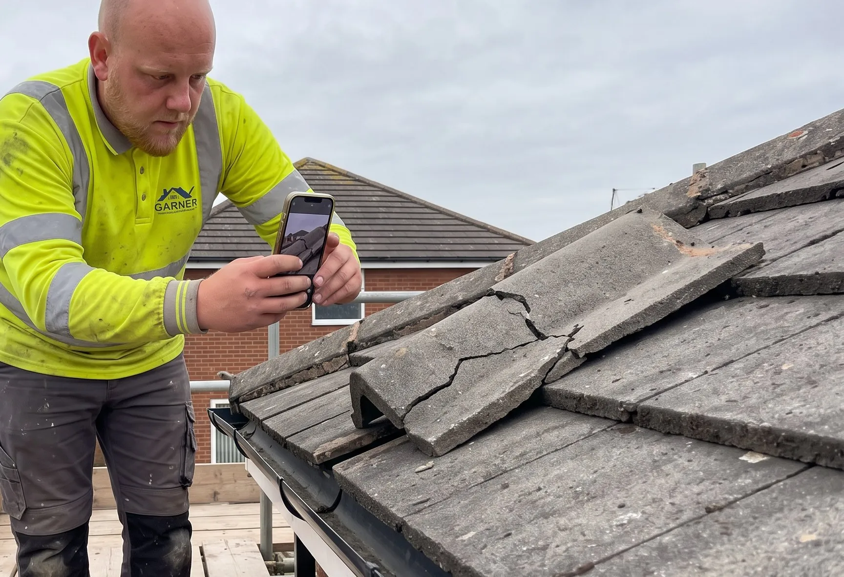 A cracked ridge tile being photographed on a phone for a roof report