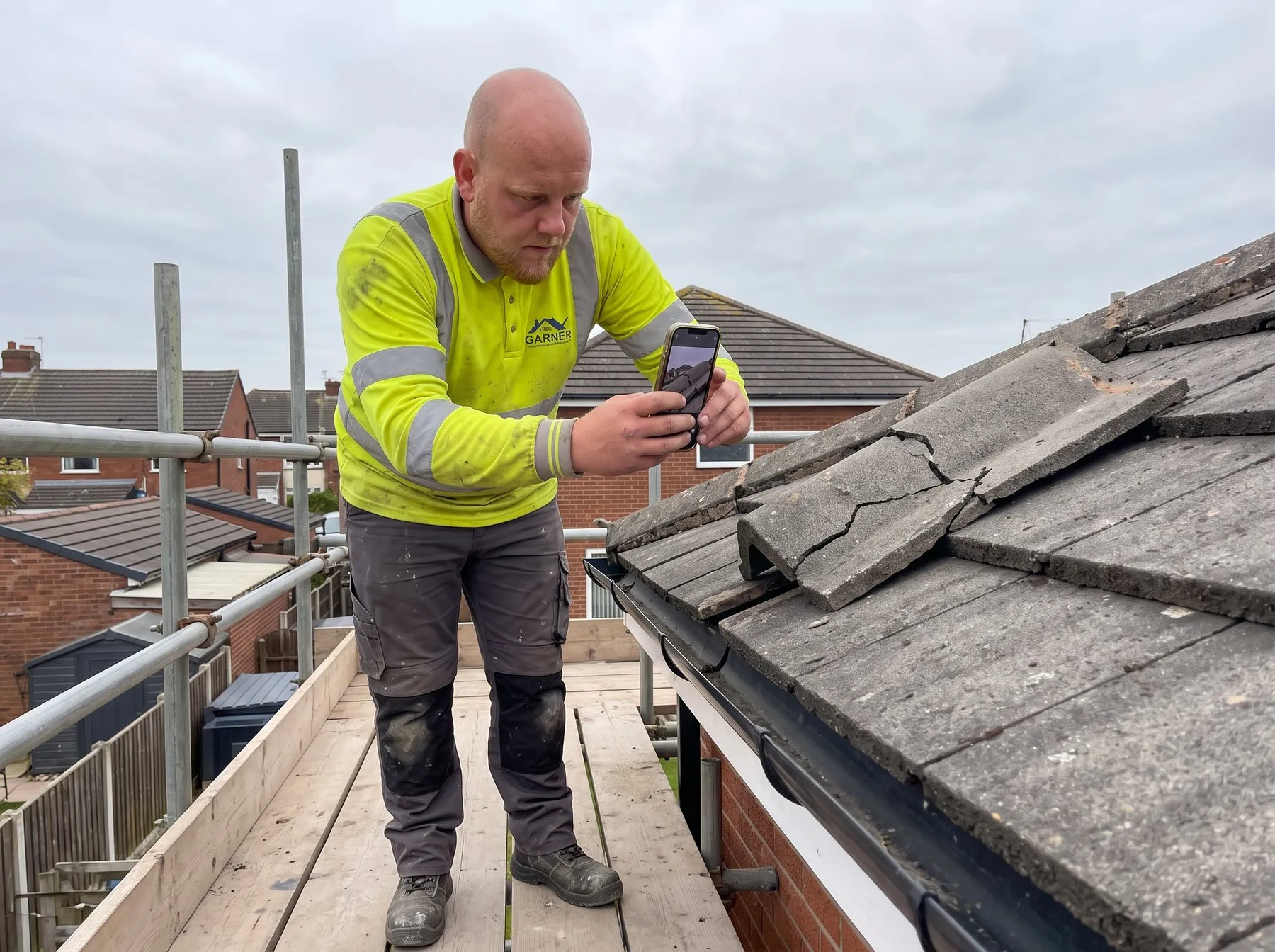 Jamie photographing a cracked ridge tile