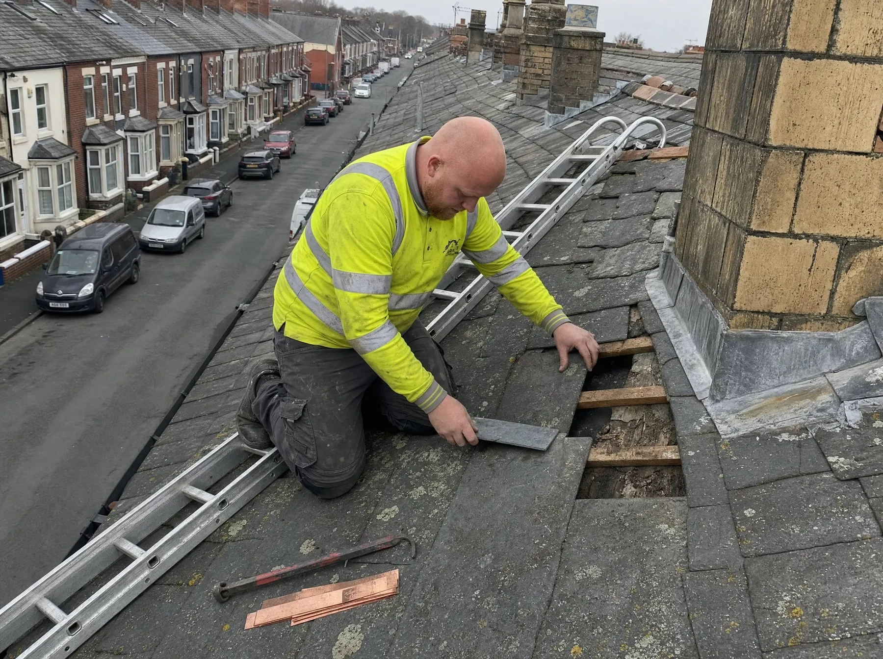 Jamie on a roof ladder replacing broken slates on a terrace roof