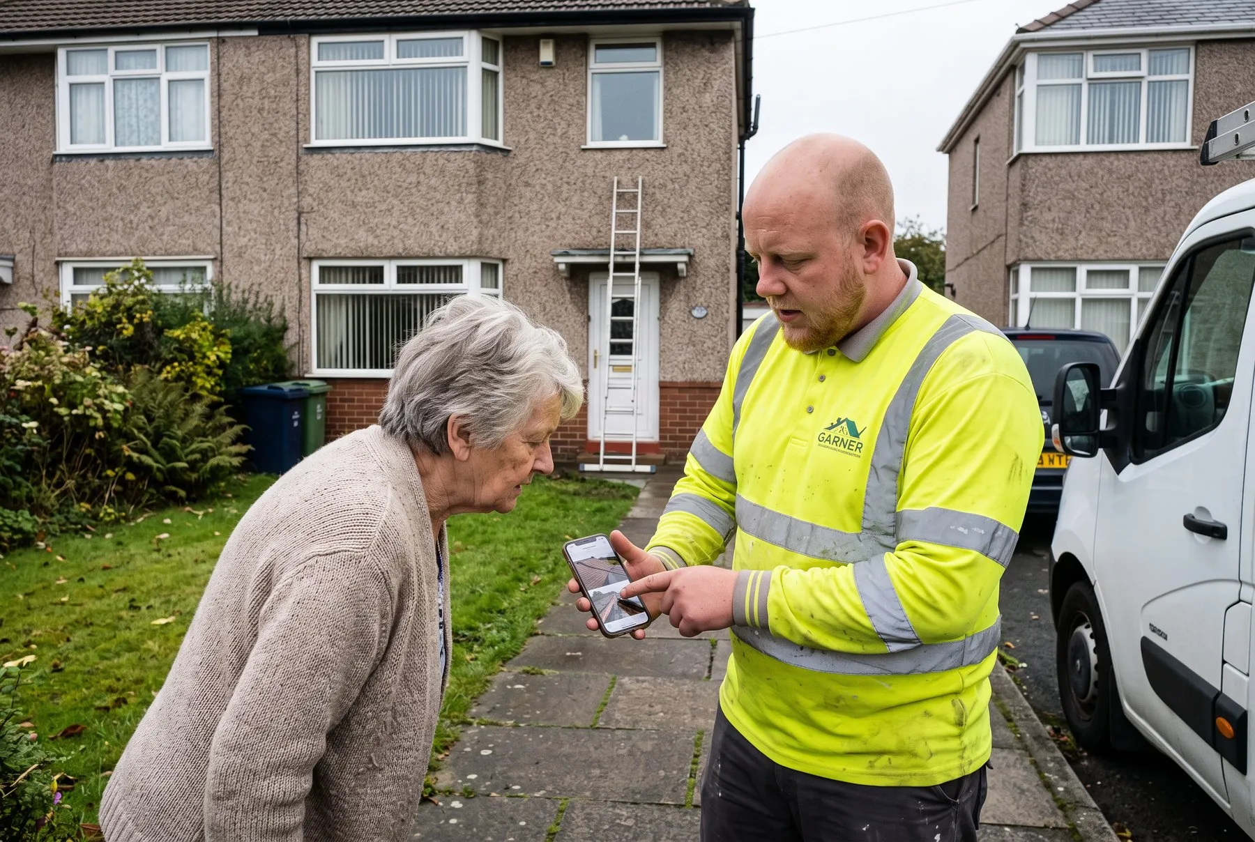 Jamie showing a homeowner the photos of her storm-damaged roof on his phone